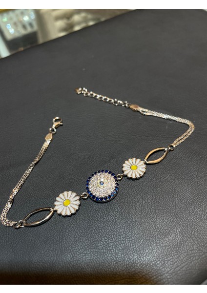 Ithal Nazar Boncuklu Papatyalı Kadın Gümüş Bileklik modelleri