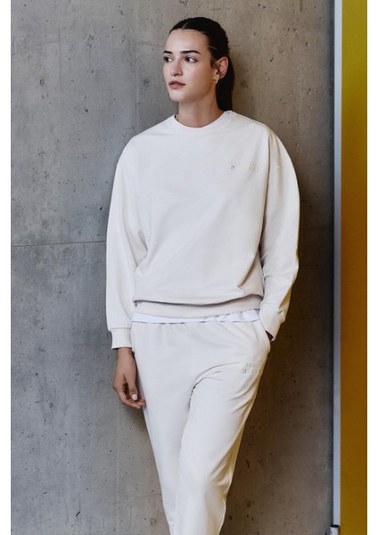 Bej Basic Pamuklu O Yaka Oversize Lastik Paça Kadın Eşofman Takım - 95287