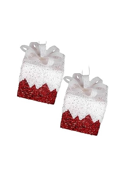 Herdekora Yılbaşı Süsü Hediye Paketi Simli Kurdelalı 2'li Paket Kırmızı-Beyaz 8 Cm.