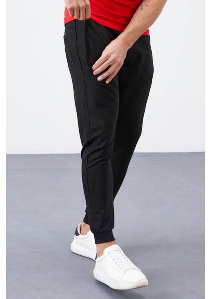 Siyah Fermuar Cepli Dar Kalıp Jogger Erkek Eşofman Alt - 84343 indirimleri