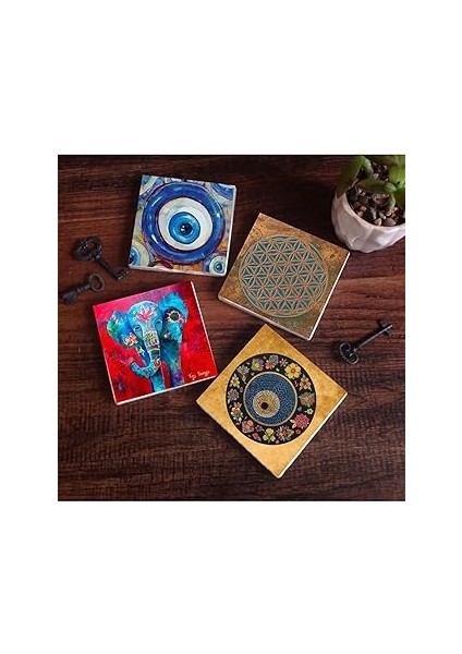 Pinecone Stone Nazar, Yaşam Çiçeği, Fil Taş Bardak Altlığı Seti - 4 Parça - Dekoratif, Rustik Mutfa