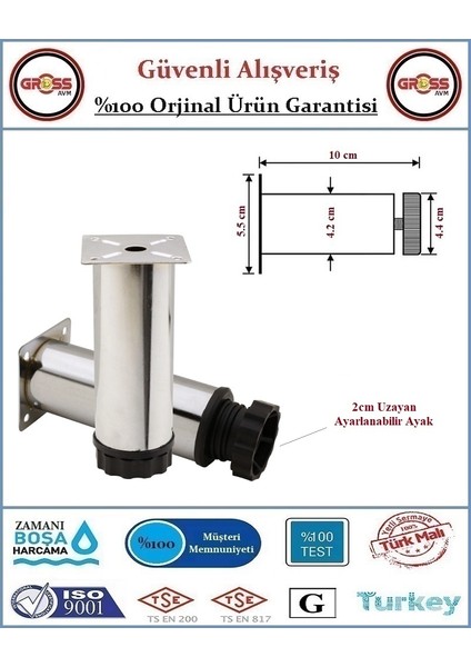 Metal Ayarlanabilir Koltuk - Mobilya - Baza Ayağı - 10cm - Krom - 2 Adet