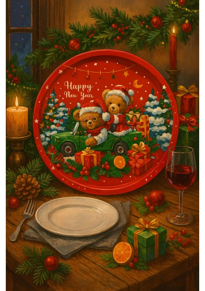 Yılbaşı Temalı Penguen Desenli Yeşil Metal Sunum Tepsisi – Happy New Year Tepsisi 35 cm