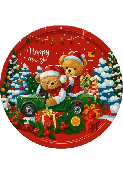 Yılbaşı Temalı Penguen Desenli Yeşil Metal Sunum Tepsisi – Happy New Year Tepsisi 35 cm fiyatları