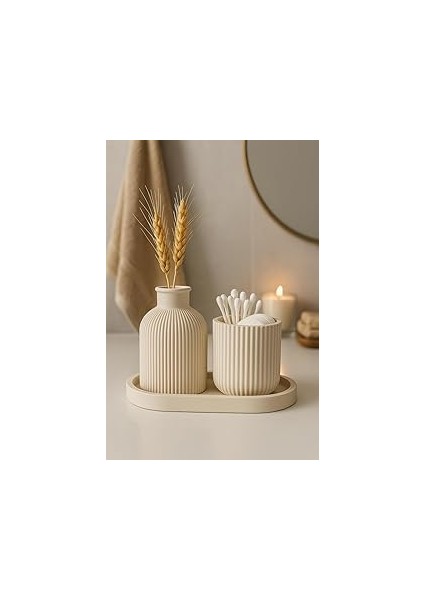 Çizgili Vazo, Kapaklı Kutu ve Beton Tepsi Organizer Seti