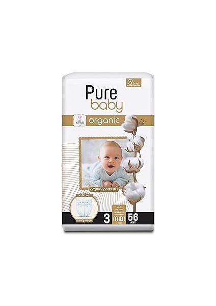 Pure Baby Organik Pamuklu Cırtlı Bez 4'lü Paket 3 Numara Midi 224 Adet
