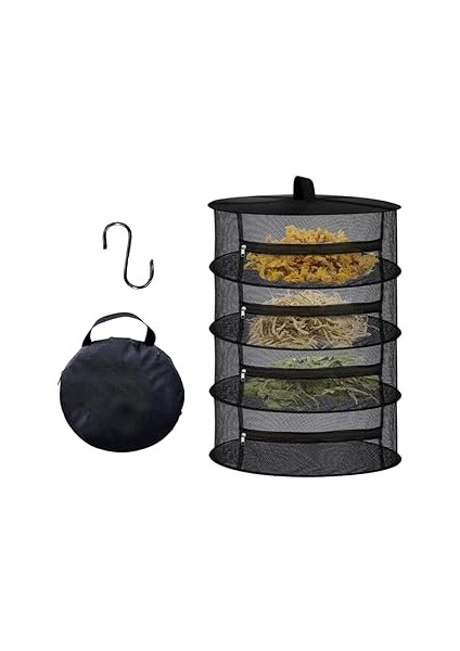 Ti̇neke 4 Katlı Fermuarlı Meyve Sebze Kurutma Filesi | Katlanabilir Doğal Kurutma Sepeti Si̇yah