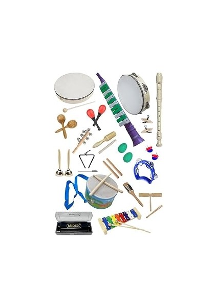 Örf Aletleri Seti Over Paket-2 Marakas Zil Üçgen Ksilofon Melodika Mızıka Davul Flüt (20 Parç