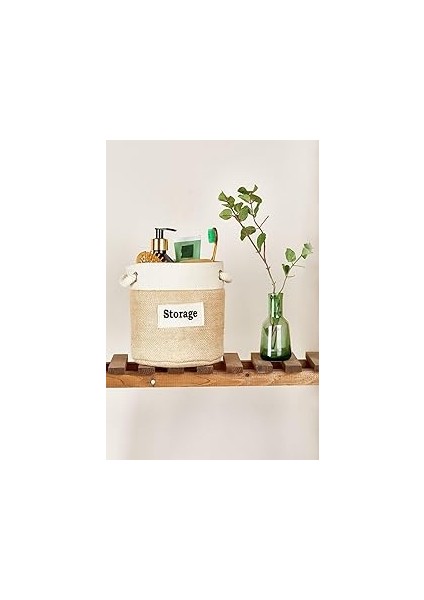 Serstil Krem Şeritli Silindir Jüt Sepet – Küçük