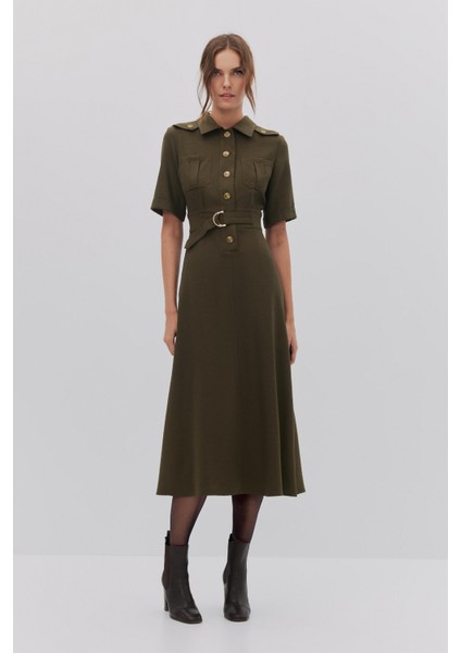 Apoletli Kemer Detaylı Elbise