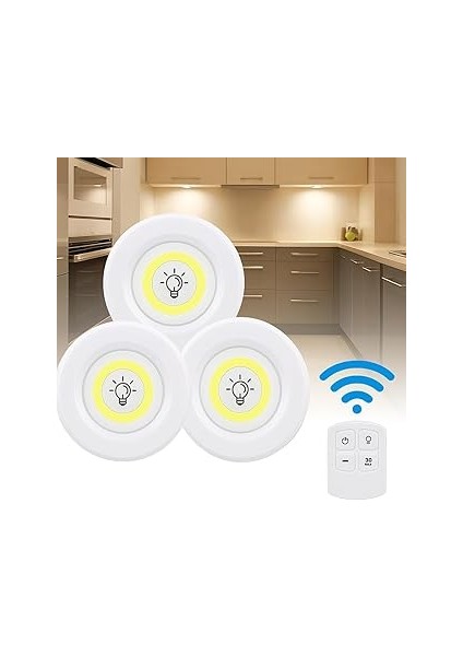 Hero 3’lü Kablosuz LED Spot Işık Seti – Uzaktan Kumandalı, Yapışkan Bantlı, Pilli, 3W Cob Led, 150