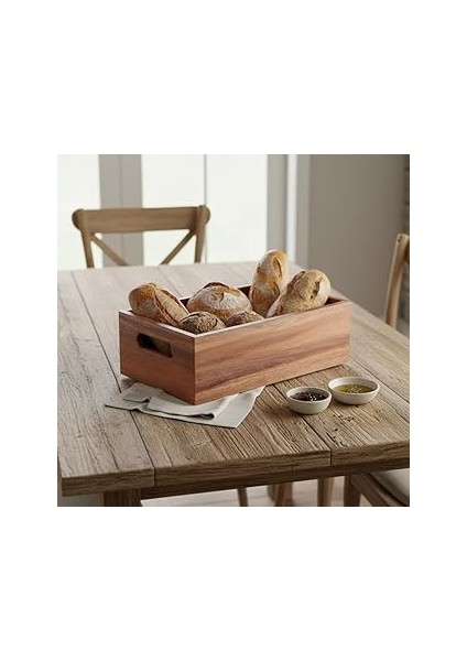 Deconox Akasya Ağacı Ekmeklik & Çok Amaçlı Organizer Kutu – 25X14X8 cm El Yapımı Doğal Ahşap Servis