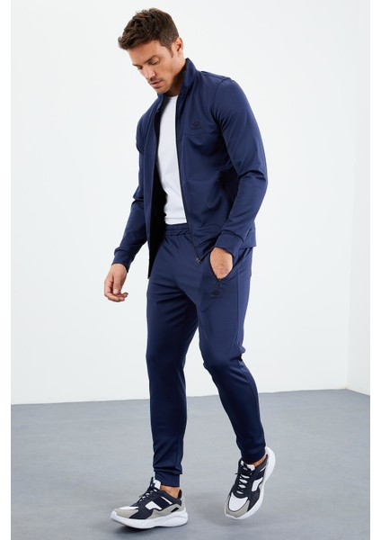 İndigo Dik Yaka Fermuarlı Standart Kalıp Manşetli Erkek Eşofman Takım - 85160 fırsatları