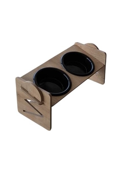 Ti̇neke Ayarlanabilir Ahşap 2 Plastik Taslı Kedi ve Köpek Mama ve Su Kabı Si̇yah