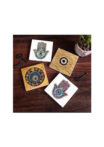 Pinecone Stone Nazar, Fatma Ana Eli (Hamsa) Taş Bardak Altlığı Seti - 4 Parça - Dekoratif, Rustik M