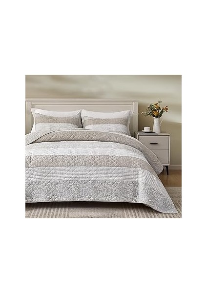 Chezmoi Robyn 3 Parça Nötr Boz Kahverengi Gri Beyaz Çiçekli Amber Çiçeği Yama Işi Çizgil