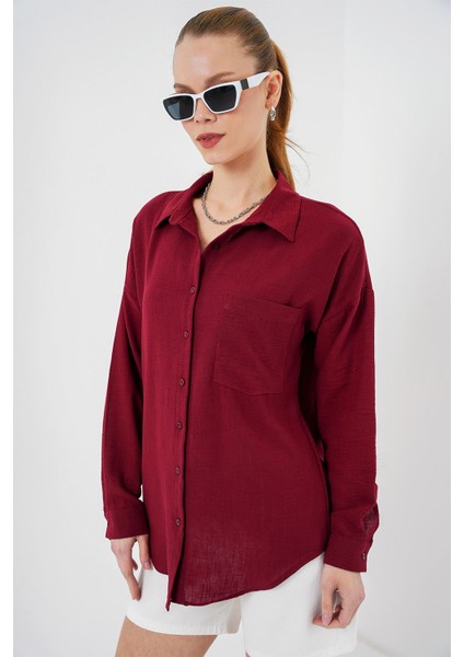 Kadın Bdart Cep Detaylı Keten Karışımlı Basic Gömlek Bordo Kırmızı modelleri