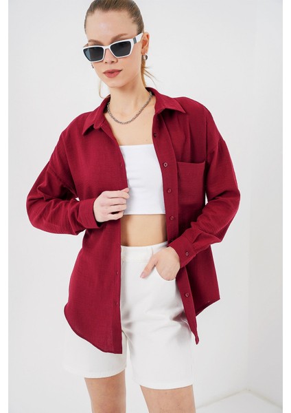 Kadın Bdart Cep Detaylı Keten Karışımlı Basic Gömlek Bordo Kırmızı fırsatları