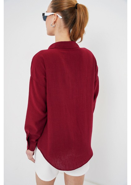 Kadın Bdart Cep Detaylı Keten Karışımlı Basic Gömlek Bordo Kırmızı