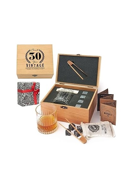 30 Yaş Tasarımlı Ahşap Kutulu Tekli Glasgow Viski Kadeh Seti + 4 Soğutucu Taş Seti