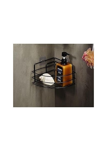 Sas Haus Ömür Boyu Paslanmaz Yapışkanlı Banyo Köşeliği Düzenleyici Şampuanlık Duş Rafı Siyah Tk-01