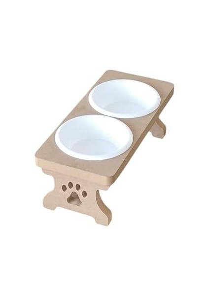 Ti̇neke Ahşap Demonte 2 Plastik Taslı Kedi Mama ve Su Kabı Beyaz