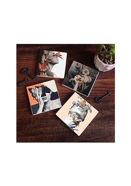 Pinecone Stone Bahar Düşü Serisi Taş Bardak Altlığı Seti - 4 Parça - Dekoratif, Rustik Mutfak Akses