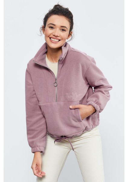 Gül Kurusu Yarım Fermuar Etek Ucu Büzgülü Kadın Polar Oversize Sweatshirt - 97171