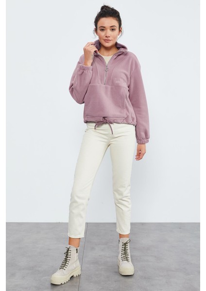 Gül Kurusu Yarım Fermuar Etek Ucu Büzgülü Kadın Polar Oversize Sweatshirt - 97171