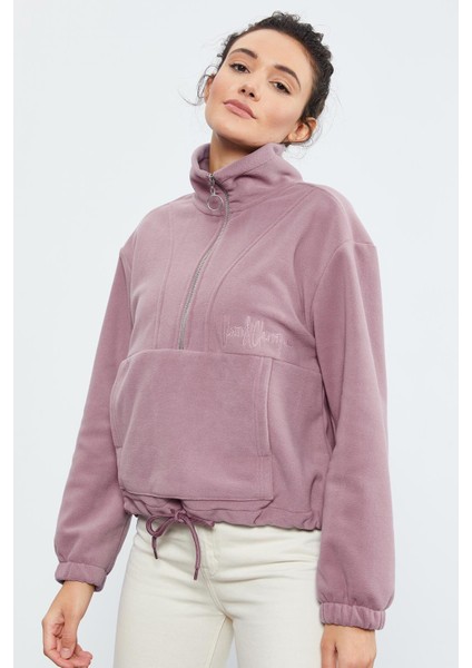 Gül Kurusu Yarım Fermuar Etek Ucu Büzgülü Kadın Polar Oversize Sweatshirt - 97171