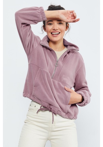 Gül Kurusu Yarım Fermuar Etek Ucu Büzgülü Kadın Polar Oversize Sweatshirt - 97171