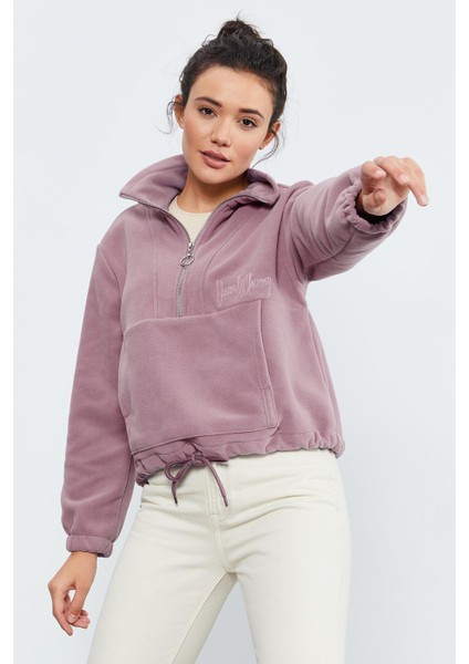 Gül Kurusu Yarım Fermuar Etek Ucu Büzgülü Kadın Polar Oversize Sweatshirt - 97171