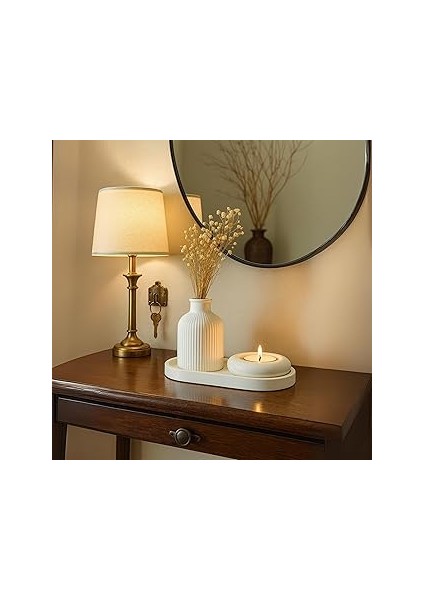 Beyaz Seramik Vazo, Tealight Mumluk ve Dekoratif Tepsi Seti - Beyaz Tasarım