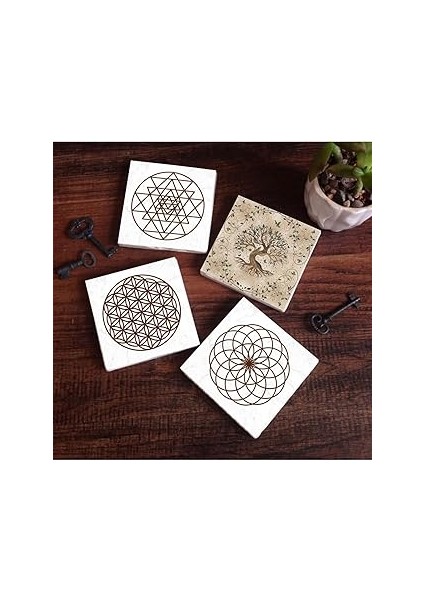 Pinecone Stone Yaşam Çiçeği, Sri Yantra, Hayat Ağacı Taş Bardak Altlığı Seti - 4 Parça - Dekoratif,