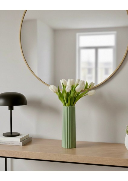 Yeşil Çizgili Modern Dekoratif Taş Vazo Şık Salon ve Masaüstü Aksesuar