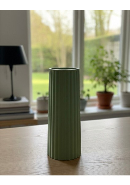 Yeşil Çizgili Modern Dekoratif Taş Vazo Şık Salon ve Masaüstü Aksesuar