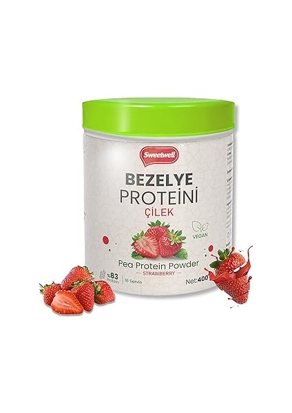 Sweetwell Çilek Aromalı Vegan Bezelye Proteini Tozu 400 gr -%83 Protein Içerir Pae Protein Powder S