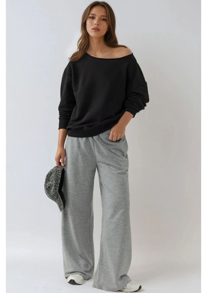 Kadın Kayık Yaka Rahat Kesim Sweatshirt Siyah indirimleri