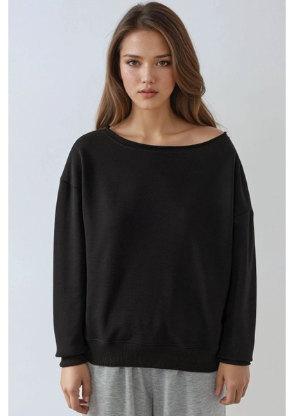 Kadın Kayık Yaka Rahat Kesim Sweatshirt Siyah
