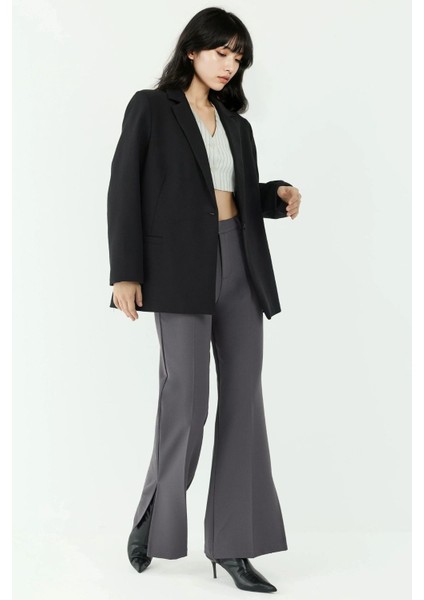 Kadın Yüksek Bel Yırtmaç Detaylı Flare Pantolon Gri modelleri