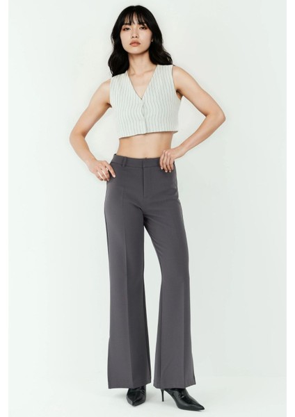 Kadın Yüksek Bel Yırtmaç Detaylı Flare Pantolon Gri fırsatları