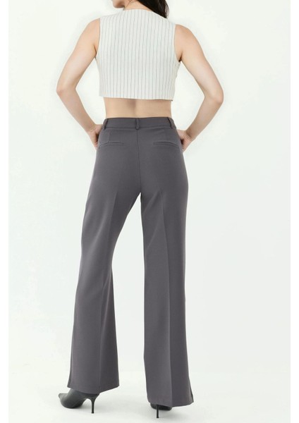 Kadın Yüksek Bel Yırtmaç Detaylı Flare Pantolon Gri
