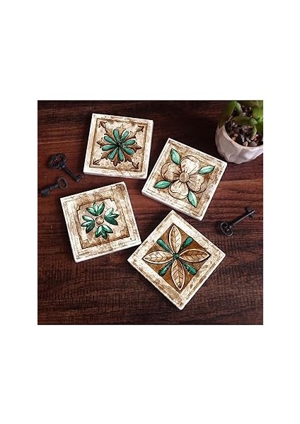 Pinecone Stone Fas Desenli Taş Bardak Altlığı Seti - 4 Parça - Dekoratif, Rustik Mutfak Aks