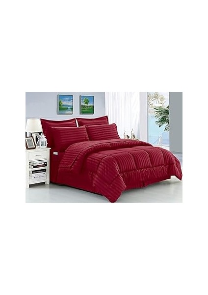 Elegant Kırışmaz - Ipeksi Yumuşak Armür Çizgili Yatak Çantada 8 Parça Yorgan Seti -Hipoaler