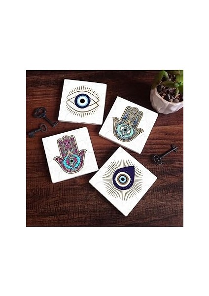 Pinecone Stone Nazar, Fatma Ana Eli (Hamsa) Taş Bardak Altlığı Seti - 4 Parça - Dekoratif, Rustik M