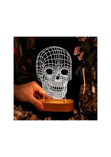 Kurukafa 3 Boyutlu LED Masa Lambası - USB Bağlantılı Sarı Işık