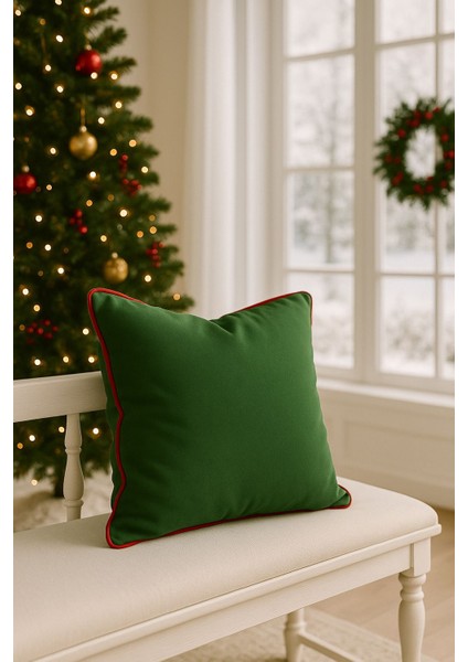 Modern Yılbaşı Konseptli - Dekoratif Kırlent Kılıfı - Yeşil Duck Kumaş - Düz Renk - 45 x 45