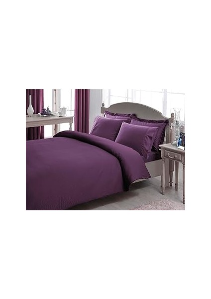 Taç Stripe DÜZ%100 Pamuk Nevresim Takımı, Mürdüm, Çift Kişilik