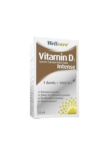 Wellcare Vitamin D3 Intense 1000 Iu 12 ml Damla Aromasiz Renkli
