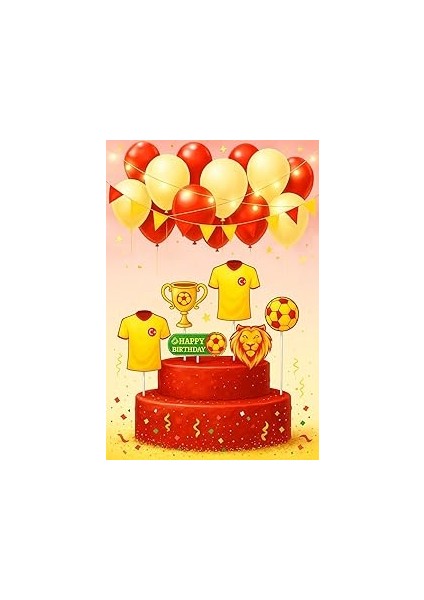 Futbol Temalı Pasta Süsleme Seti, Sarı-Kırmızı Renkli, 6 Parça, Doğum Günü Dekorasyonu